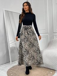 EMERY ROSE Vestido elegante de manga larga con cuello alto y estampado de cebra en el bajo para mujer