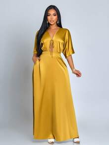 SOLERSUN Women's Mustard Yellow Summer Elegant Party Night Satin Long Dress,Old Money Minimalist V Neck Glossy Banquet Gala Prom Outing Clothing For Ladies - Mustard Yellow - View 6