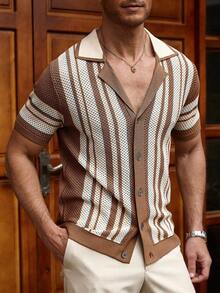 Manfinity CityGents Men's Front Button Short Sleeve Striped Casual Knit Top Beach Vacation - Multicolor - View 4