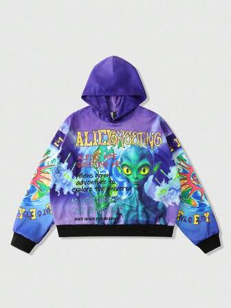Street Life Men's Casual Fashionable Street Alien & Slogan Tie-Dye Print Dropped Shoulder Loose Hoodie, Spring/Autumn
