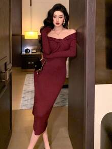 DAZY Women's Elegant Solid Color Off Shoulder Twist Knitted Sweater Dress, Autumn Red Women Dresses Prom Dress