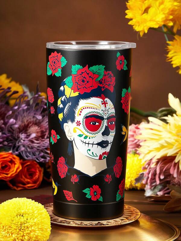 Frida Kahlo X SHEIN 20 Oz / 600 Ml Printed Stainless Steel Flat Bottom Insulated Cup With Cup Lid