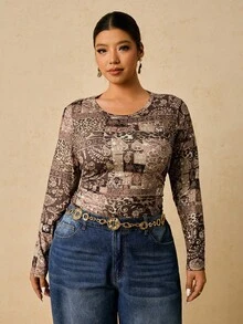 SHEIN VCAY Plus Size Women Casual Bohemian Paisley Print Round Neck Long Sleeve Pullover T-Shirt, Versatile For Holiday & Daily Wear, Autumn/Winter