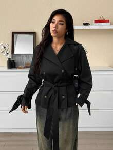 SHEIN EZwear Áo khoác dài tay thắt lưng đen thời trang đa năng cho nữ, mùa thu - màu đen - Xem 5