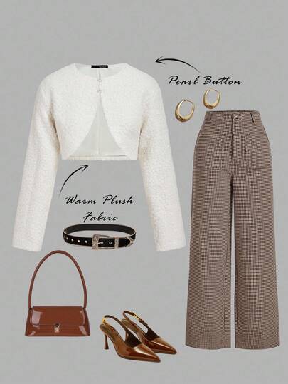 SHEIN MOD 女士仿珍珠纽扣长袖时尚短款毛绒外套，冬季，皮草大衣，冬装外套，白色外套，时尚女式夹克，新年，圣诞节