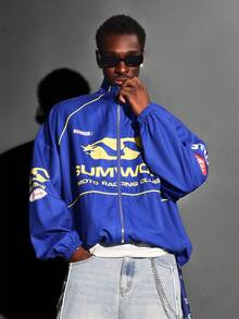 SUMWON Jachetă sport Moto Racing Club Racing Team, cu fermoar, stil retro, cu logo și detalii în dungi