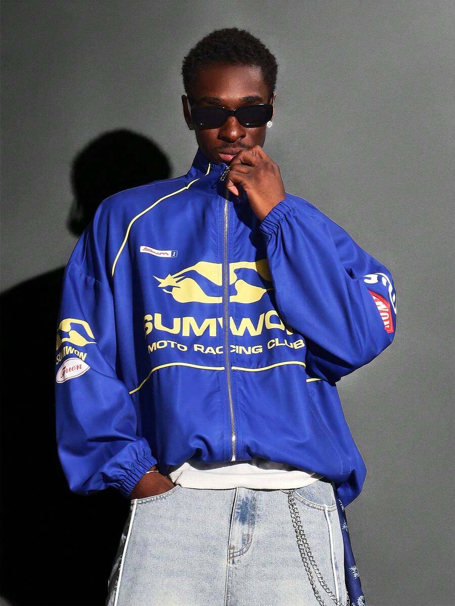 SUMWON Jachetă sport Moto Racing Club Racing Team, cu fermoar, stil retro, cu logo și detalii în dungi
