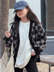 DAZY 秋冬款少女休闲棋盘格开衫 - 彩色 - 查看 3
