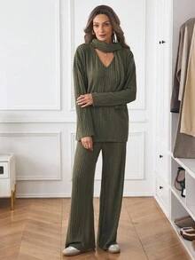 Louniche Women's Casual Minimalist Textured Fabric Straight Loose Top And Straight Leg Pants Two Pieces Set, Autumn/Winter - Army Green - View 4