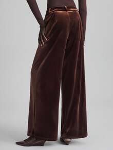 Ontre Women's Espresso Brown Winter Velvet Pants,Elegant Party Shiny Pocket Elastic Waist Wide Leg Trousers,Business Commute Old Money Style Office Wear - Rust Brown - View 5