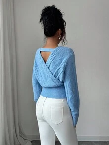 SHEIN Elenzya Áo len quấn cổ chữ V màu trơn thanh lịch dành cho nữ, Thu/Đông - Màu xanh lam - Xem 2