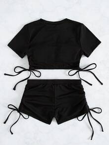 Bonvoyette Summer Beach Mono Tankini Set Ribbed Drawstring Side Wireless Bra & Boxer Shorts 2 Piece Swimsuit Set - Black - View 2