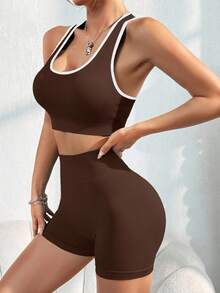 Dewbera 女士罗纹边饰露脐背心短裤套装 棕色运动文胸健身两件套 运动文胸短裤套装 两件套运动套装 两件套瑜伽套装 健身套装 - 咖啡棕 - 查看 4