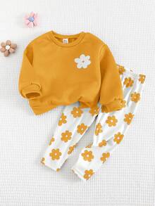 Cozy Pixies 2件套女婴花卉印花针织柔软圆领长袖运动衫和裤子套装