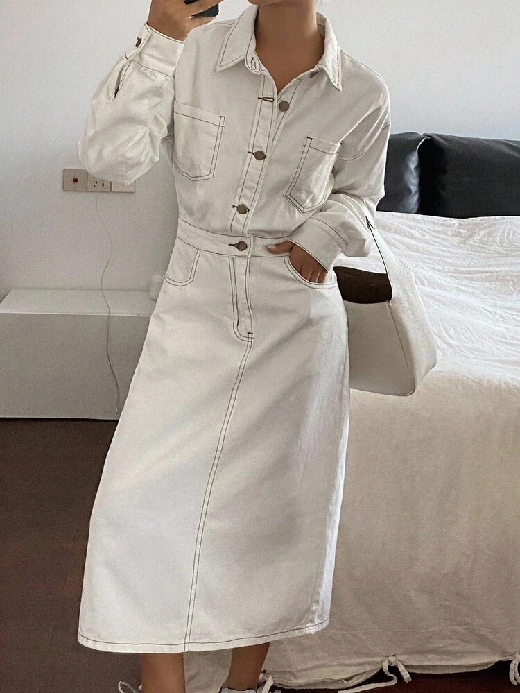 Women's Turndown Collar Long Sleeve Denim Jumpsuit Dress, Casual City Style