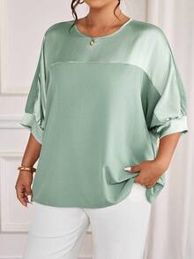 Cravure Plus Size Round Neck 3/4 Sleeve Metallic Fabric Patchwork Contrast Color Woven Fabric Cuff Raglan Sleeve Casual Outgoing Holiday Commute Party Pullover Shirt - Mint Green - View 5