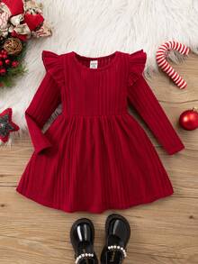 SHEIN Babygirl Cute & Elegant Christmas Valentine's Day Knit Casual Red Long Sleeve Dress Fall Winter,Suitable For Gatherings, Parties, Birthdays, Daily - Red - View 3
