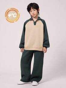 2 件儿童/青少年男童休闲日常百搭舒适 Polo 领半拉链撞色袖套头衫和宽松针织裤套装 - 彩色 - 查看 1