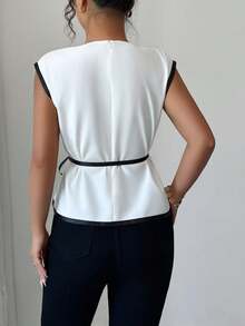 Elenzga Women's Elegant Fitted Two-Tone Blouse, Suitable For Commuting - White - View 2