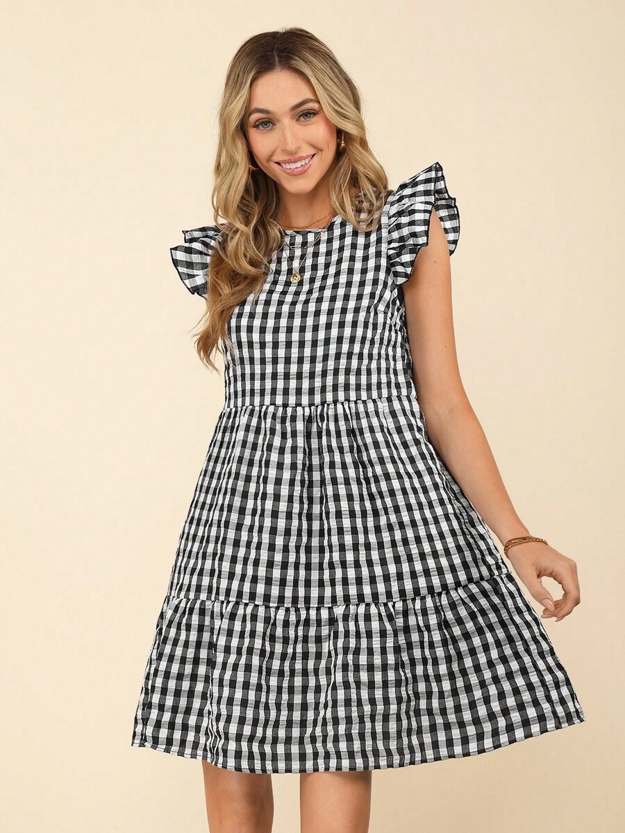 Coeurva Damernas sommarrutiga fritidsklänning med volanglocksärmar