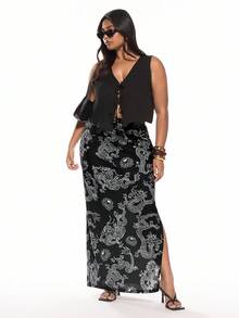 Solavibe 女性加大碼龍紋劈叉裙