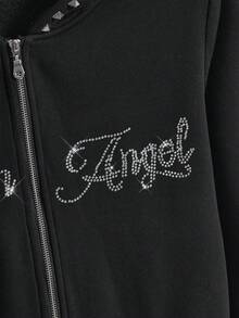 ROMWE Goth 加大码哥特式口袋领几何铆钉水钻字母保暖内衬卫衣，秋冬加大码女式哥特卫衣，黑色卫衣 - 黑色 - 查看 4