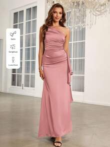SHEIN Belle Adult Elegant Bridesmaid Dress With Ruffle Detail, Asymmetric Neckline, Sleeveless - Dusty Pink - View 7