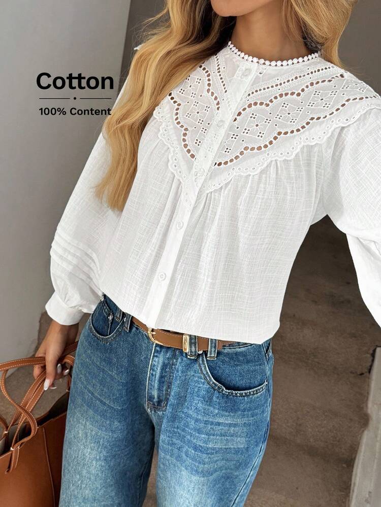 Easowa Chemise femme style vintage romantique pour les vacances, décontractée et ample, boutons devant, manches bouffantes, patchwork de dentelle, poignets froncés, en coton et fibre de bambou