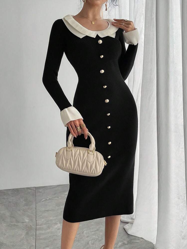 Women's Elegant Colorblock Ruffle Hem Sweater Dress, Autumn