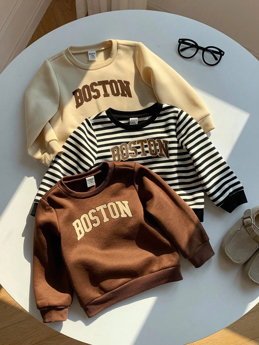 SHEIN 3 件套男婴/女婴可爱字母印花保暖长袖运动衫，男女通用婴儿服装，婴儿冬装