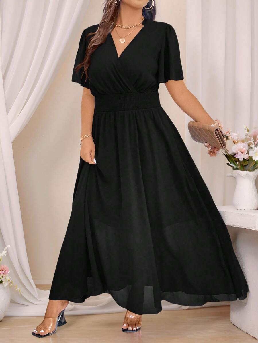 EMERY ROSE Plus Size Elegant Short Sleeve Dress With Wide Hemline, Ruffle Decor And Lace Edging. Loose Fit For Vacation Or Work, V-Neck Maxi Women Outfit - Black - View 1