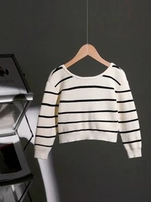 2025 Autumn/Winter New Stylish Girls Sweaters, V-Neck Bowknot Striped Long Sleeve Loose Knitted Pullover Sweater, Versatile & Elegant Design, Suitable For Daily Wear, Outings And Travels In Autumn/Winter Fall - Apricot - View 4