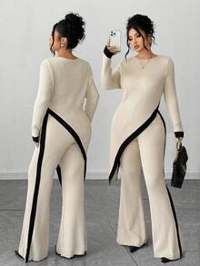 Elenzga 杏色针织套装，侧边镂空+撞色条纹，性感又别致 - 彩色 - 查看 5