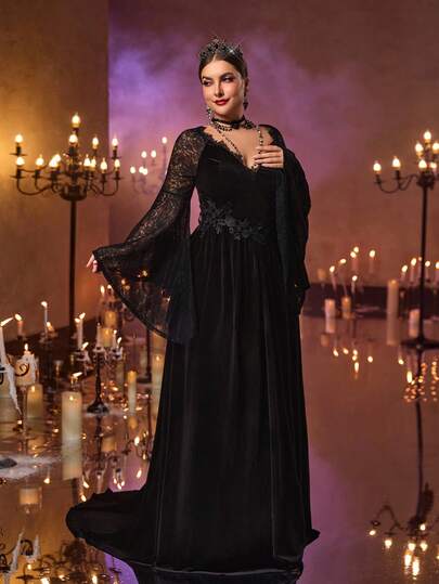 Glamrae Plus Size Autumn And Winter Elegant Romantic Gorgeous Luxury Lace Splicing Korean Velvet Lace Applique Design Asymmetrical Ruffle Trumpet Long Sleeves Slim V-Shaped Waist Section Tail Dress Suitable For Dinner Bachelorette Party Date Dance Holiday Wedding Event Evening Dress (Heavy Model) Gothic Style, Valentine's Day