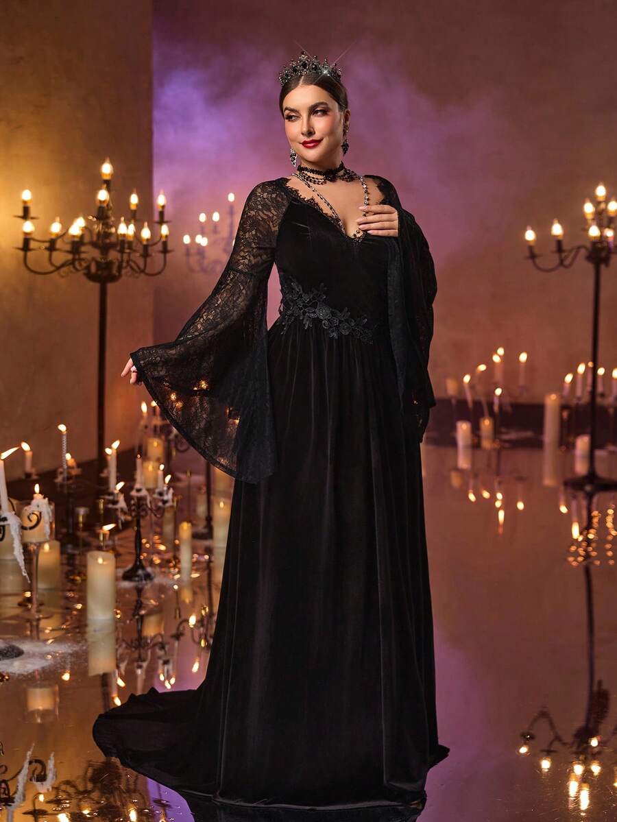 Glamrae Große Größen Herbst und Winter elegantes romantisches luxuriöses Off-Shoulder Spitzen-Splicing koreanisches Samt-Spitzen-Applikations-Design asymmetrisches Rüschen-Trompeten-Langarm-Slim-V-Taille-Abschnitt Oversized A-Linie Plus-Schwanz geeignet für Abendessen, Junggesellinnenabschied, Date, Tanz, Urlaub, Hochzeit, Abendveranstaltung (schweres Modell) Gothic-Stil