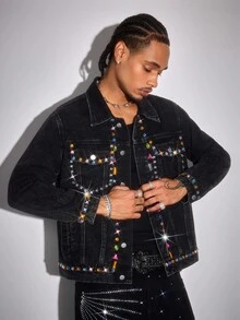 ROMWE MEN Street Life Rhinestone Embellished Casual Loose Personalized Long Sleeve Men Denim Tops, For Fall - Black - View 4