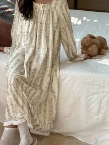 DAZY 女童碎花方领长袖睡袍家居服 - 米色 - 查看 7