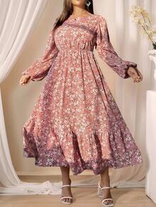 DreamSkyne Plus Size Holiday Casual Ditsy Floral Lantern Sleeve Dress Maxi Women Outfit - Pink - View 1