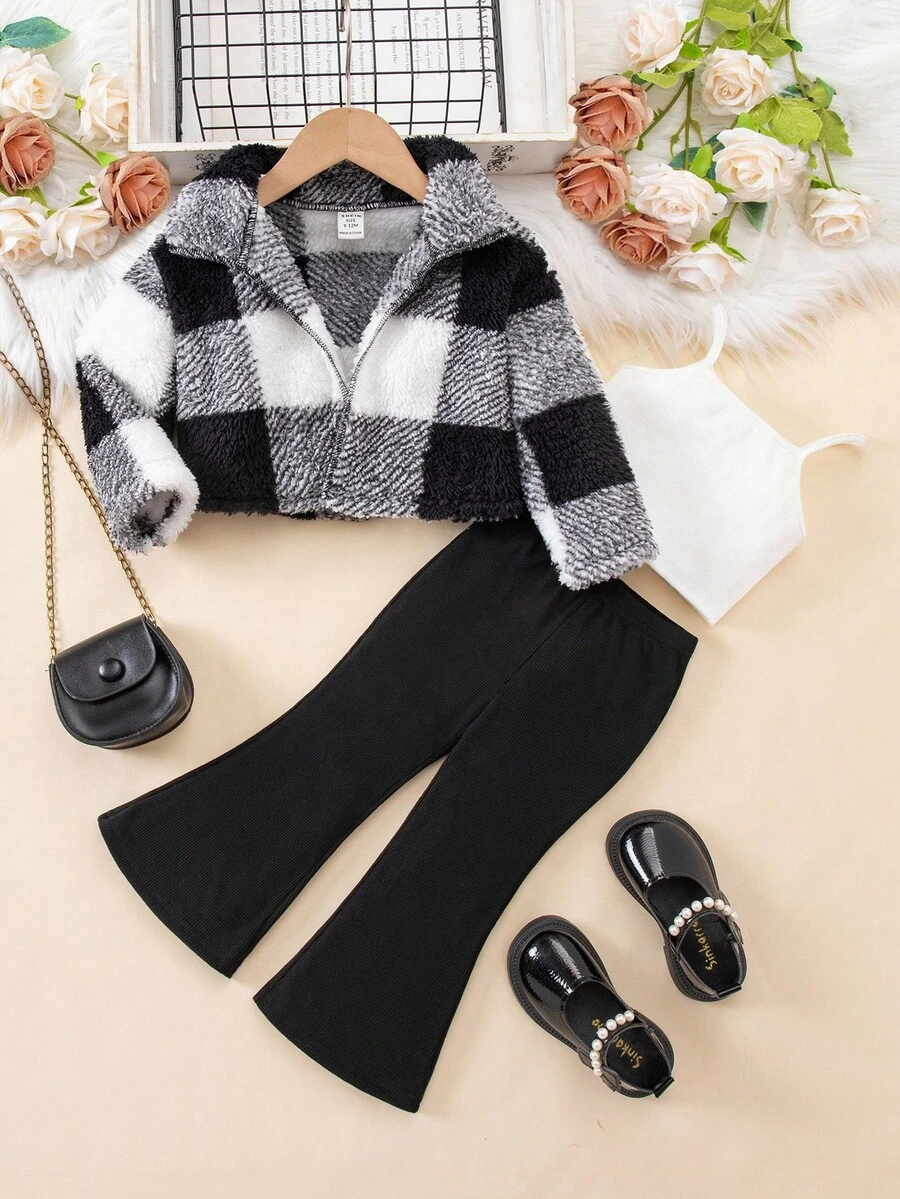 SHEIN Babygirl 毛绒格子夹克、针织上衣和裤子三件套，秋冬 - 黑與白 - 查看 1