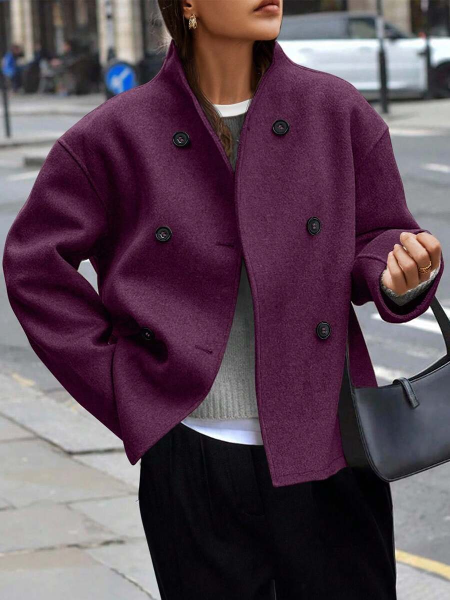 EMERY ROSE Abrigo cruzado de unicolor para mujer de moda para otoño/invierno - Morado - Ver 1