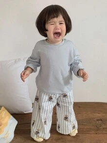 DAZY Baby Girl Solid Color Crew Neck Long Sleeve Top And Cartoon Bear Print Pants Pajama Set