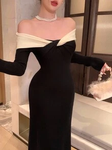 DAZY Váy len dài tay dáng dài chéo vai màu tương phản dành cho nữ, thanh lịch, thời trang thu/đông - Đen và trắng - Xem 5