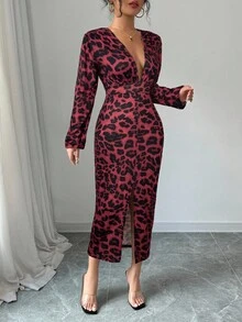 Elenzga Deep V-Neck Ruched Long Sleeve Elastic Cuff Split Hem Bodycon Dress Maxi Women Outfit - Burgundy - View 5