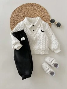 2 件套男童/女童休闲学院风可爱卡通图案 Polo 领运动衫和松紧腰黑色裤子套装，适合秋冬季幼儿园 - 彩色 - 查看 5