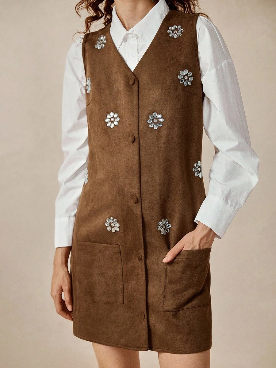 Chiquease Vestido casual y elegante de mujer con bolsillo, de tela de ante y con aplicaciones de strass, sin mangas, en estilo bohemio - Marrón - Ver 1