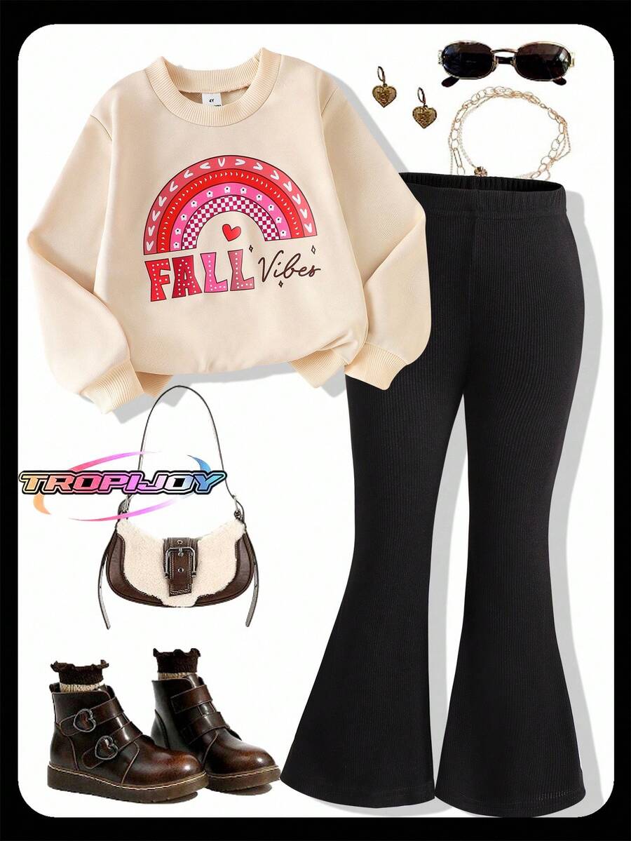 2pcs Girls Rainbow Letter Print Crew Neck Long Sleeve Sweatshirt And Black Flare Pants Set, Fashionable Casual Outfit For Spring/Autumn Fall Winter - Apricot - View 1