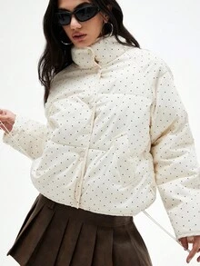 GENKIRA 奶白色撞色黑白波点立领休闲宽松百搭女士棉服外套 - 米色 - 查看 6
