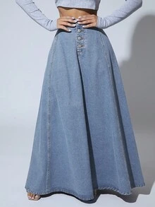 SHEIN PETITE 纽扣休闲百搭日常女式牛仔半身裙 - 藍色 - 查看 6