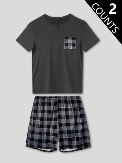2pcs Men Plus Size Plaid Shorts & T-Shirt Casual Comfortable Basic Quality Loungewear Pajama Set