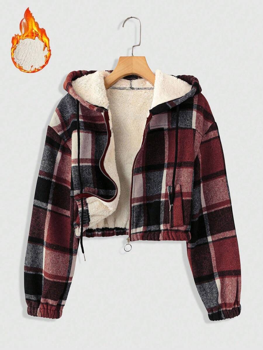 EMERY ROSE Women's Plaid Thermal Lined Zip-Up Short Jacket, Autumn, Christmas - Burgundy - View 1